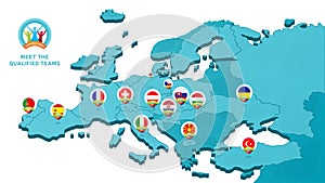 European 2020 football championship animation. 4k motion video illustration with a map of Europe with highlighted