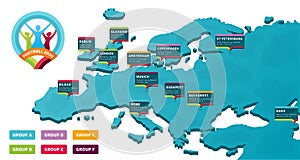 European 2020 football championship Vector illustration with a map of Europe with all 12 of host countries marked, and logo sign