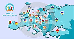 European 2020 football championship Vector illustration with a map of Europe with highlighted countries flag that qualified to