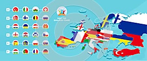 European 2020 football championship Vector illustration with a map of Europe with highlighted countries flag that qualified to