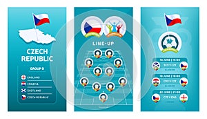 European 2020 football vertical banner set for social media. Czech Republic group D banner with isometric map, pin flag, match