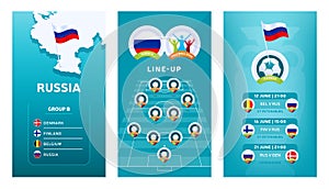 European 2020 football vertical banner set for social media. Russia group B banner with isometric map, pin flag, match schedule