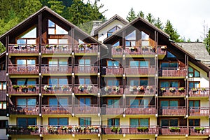 European alpine ski resort chalet hotel, front view