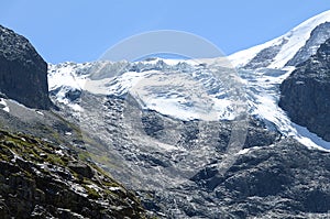 European alps-ice-stream-glacier and rocky mountains under blue sunny sky