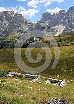 European Alps and the traces of the rubble of an old military barracks from the First World War