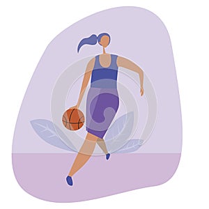 European, American or Asian girl with a basketball ball in her hands, flat stock vector illustration with a player during the