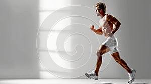 European athlete in dynamic motion against white backdrop showcasing dedication and intensity