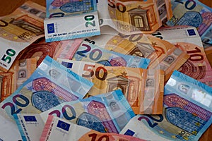 European banknotes of 50, 20 and 10 euros european currency