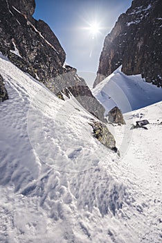 European beautiful winter mountains. Beautiful alpine panoramic snow view. High Tatras, Slovakia. Terryho chata.