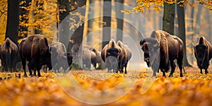 European bison herd in autumn forest at Bialowieza National Park Poland surrounded by yellow leaves