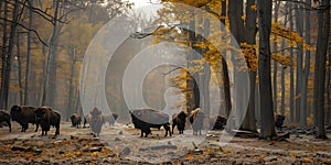 European bison herd in autumn forest at Bialowieza National Park Poland with yellow leaves and
