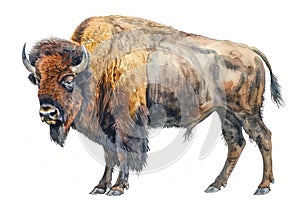 European bison,  Pastel-colored, in hand-drawn style, watercolor, isolated on white background