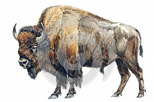 European bison,  Pastel-colored, in hand-drawn style, watercolor, isolated on white background