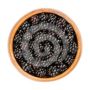 European blackberries, ripe wild brambles, in a wooden bowl photo