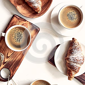 European breakfast, top view, coffee, croissants, honey, nuts, good morning concept