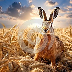 Ai Generated illustration Wildlife Concept of European brown hare on agricultural field in summer