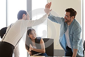 European buddies or executives congratulating each other with successful deal