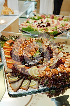 European buffet catering food. Different types of fish dishes. Celebration party concept. Selective focus