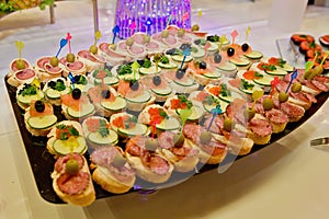 European buffet catering food. Sandwiches with red and black caviar, salmon, cheese and salami. Celebration party concept.