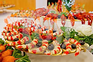 European buffet catering food. Various seafood. Celebration party concept.