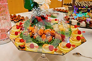European buffet catering food. Various seafood. Celebration party concept. Selective focus