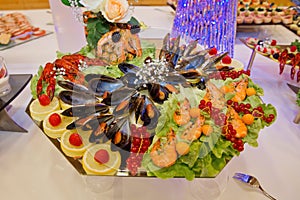 European buffet catering food. Various seafood. Celebration party concept. Selective focus