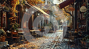 European caf scene with outdoor seating and patrons in high resolution photorealism