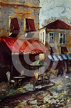 European cafe, graphic drawing in color photo