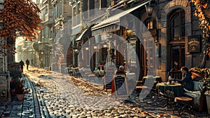 European cafe scene outdoor patrons on cobblestone street, warm colors, nostalgic ambiance