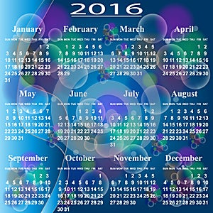 European calendar of 2016.
