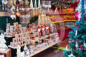 European Christmas market stall with different gifts