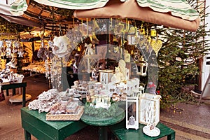European Christmas market stall with different gifts