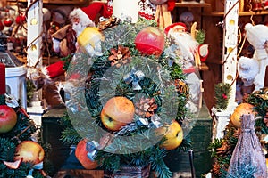 European Christmas market stall with different gifts