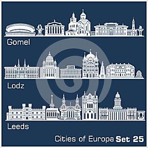 European cities - Gomel, Lodz, Leeds. Detailed architecture.