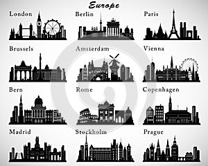 European Cities skylines set. Vector silhouettes photo
