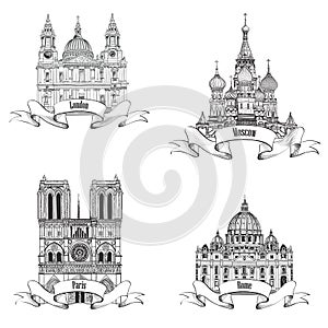 European cities symbols sketch collection: Paris, London, Rome, Moscow
