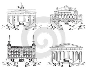 European cities symbols sketch set: Athens, Berlin, Madrid, Vienna.