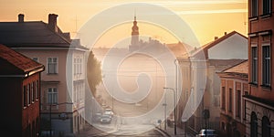 European City With Mist On A Streets