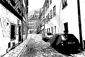 European city. Old town narrow street with parked cars. Vintage hand drawn sketch