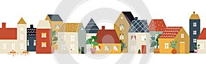 European city street pattern. Restaurant cafe district, house facade banner. Flat neighborhood, cute tiny buildings and