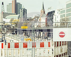 European city street on repair, partitioned traffic, stop sign