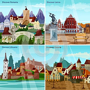 European Cityscapes Concept Icons Set