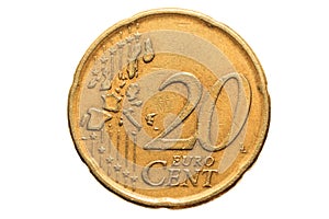 European coin with a nominal value of Twenty Euro cents isolated on white background. Macro picture of European coins.