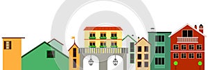 European colorful panotamic town illustration. Vector isolated row of buildings
