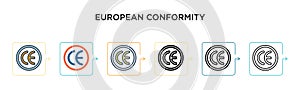 European conformity vector icon in 6 different modern styles. Black, two colored european conformity icons designed in filled,