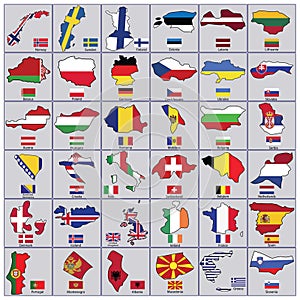 European countries flags and country border