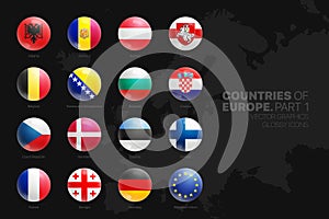 European Countries Flags Glossy Round Icons Set Isolated On Black Background Part One