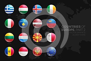 European Countries Flags Glossy Round Icons Set Isolated On Black Background Part Two