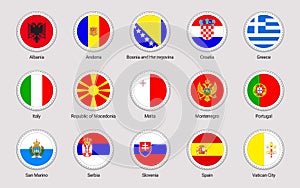 European countries flags set. Vector flag stickers collection. Round elements. South Europe states. Circle elements