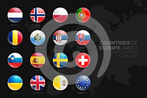 European Countries Flags Vector 3D Glossy Icons Set Isolated On Black Background Part 3